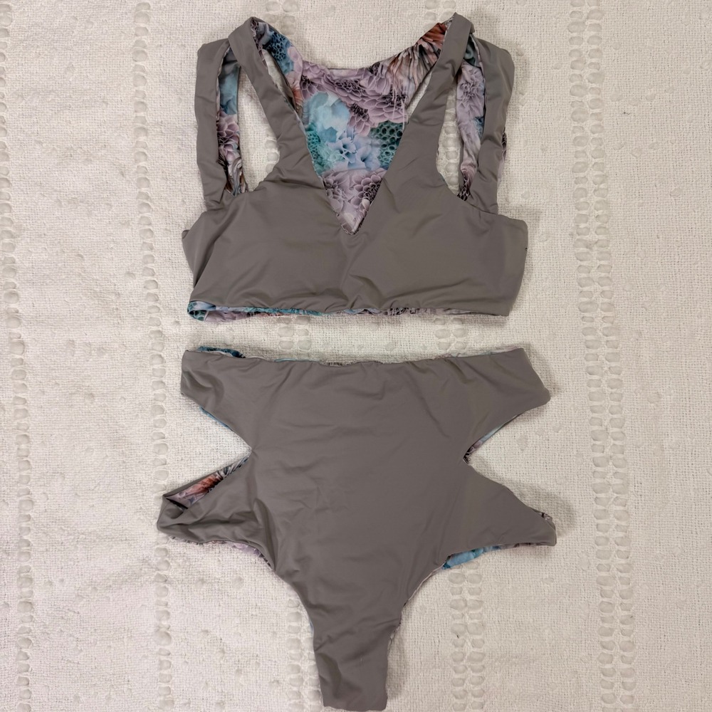 San Lorenzo Reversible Floral Taupe Grey High Waisted Cutout Bikini Set Size Med